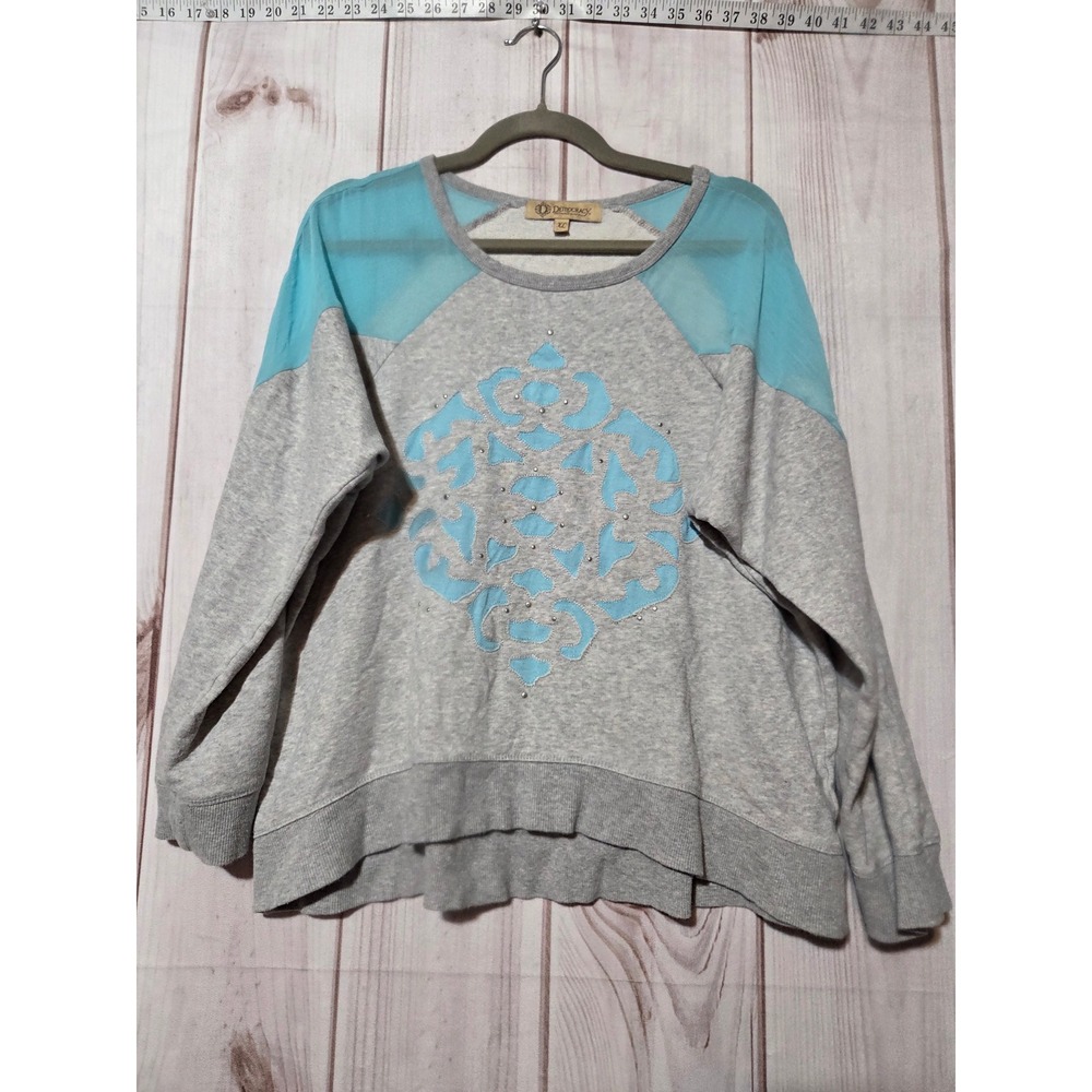 Democracy Women's Grey Blue Sheer Shoulder Embellished Sweatshirt XL